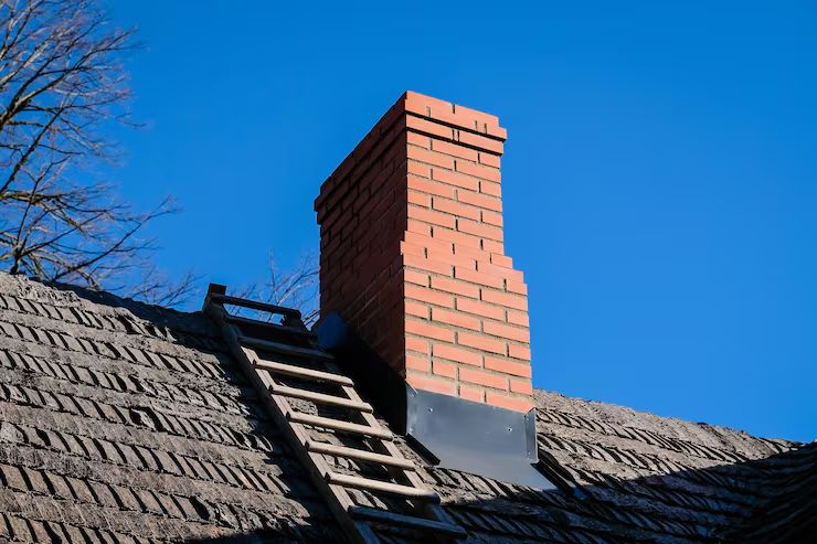 Red brick chimney with a ladder against a clear sky