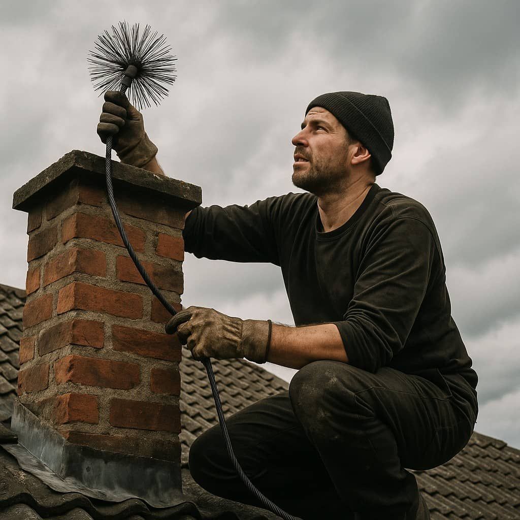 Chimney sweep technician working on a brick chimney in Whittier