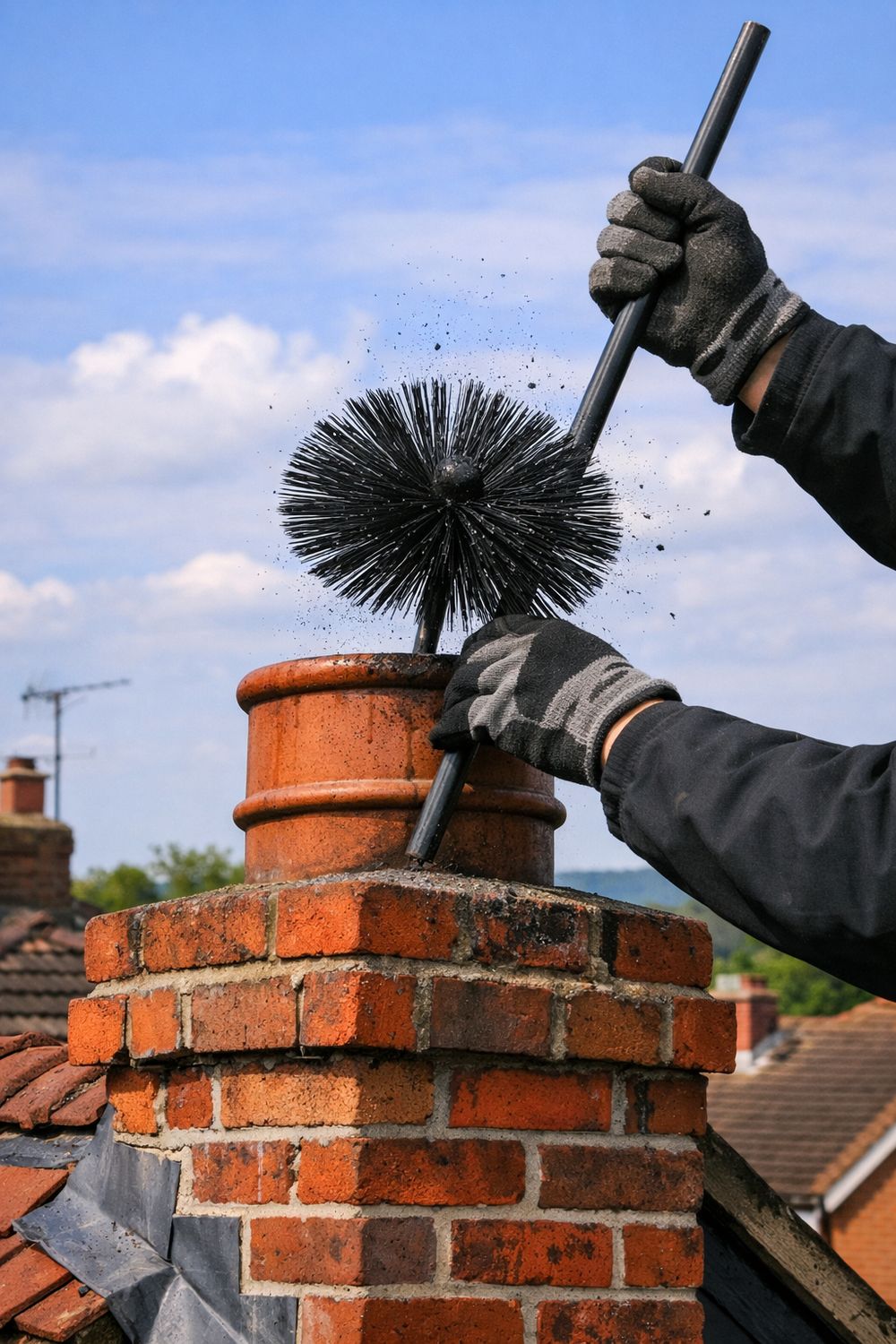 Chimney sweep brushing soot from a chimney pot
